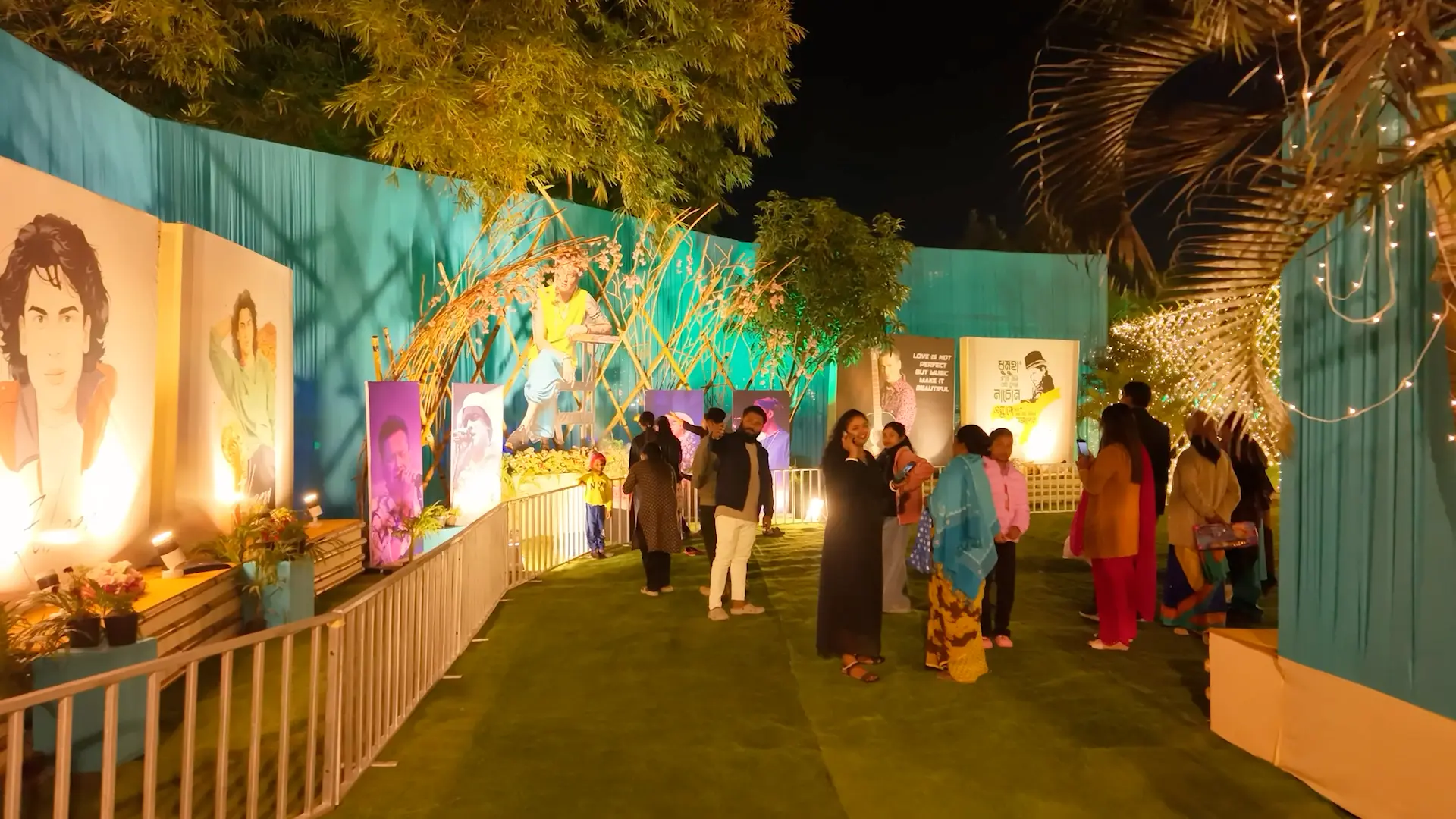 Themed international pavilion pathway with visitors browsing displays